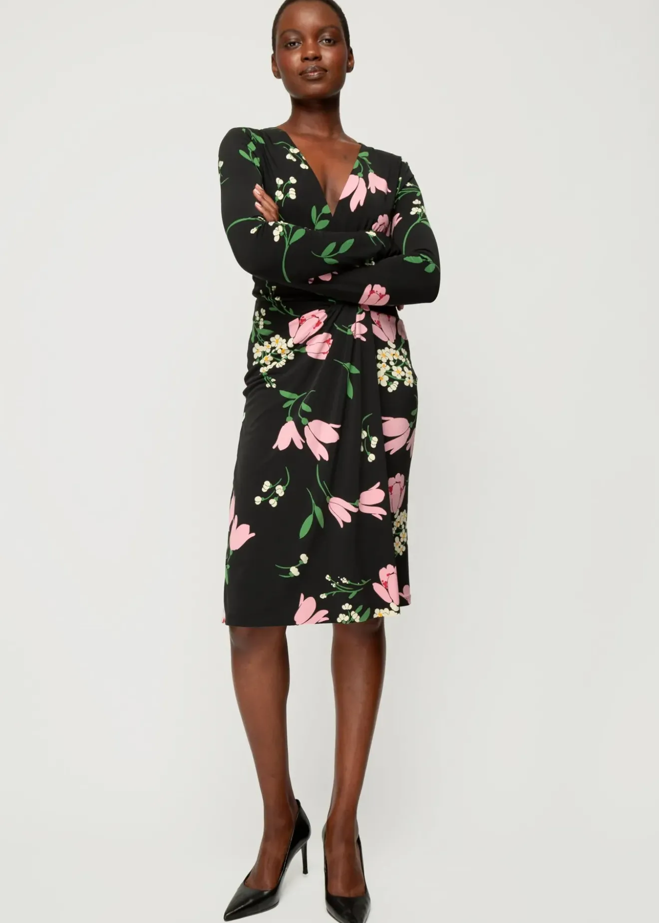 Vanilia Crepe Jurk Met Drapering Black / Chateau Rose / Green Outlet