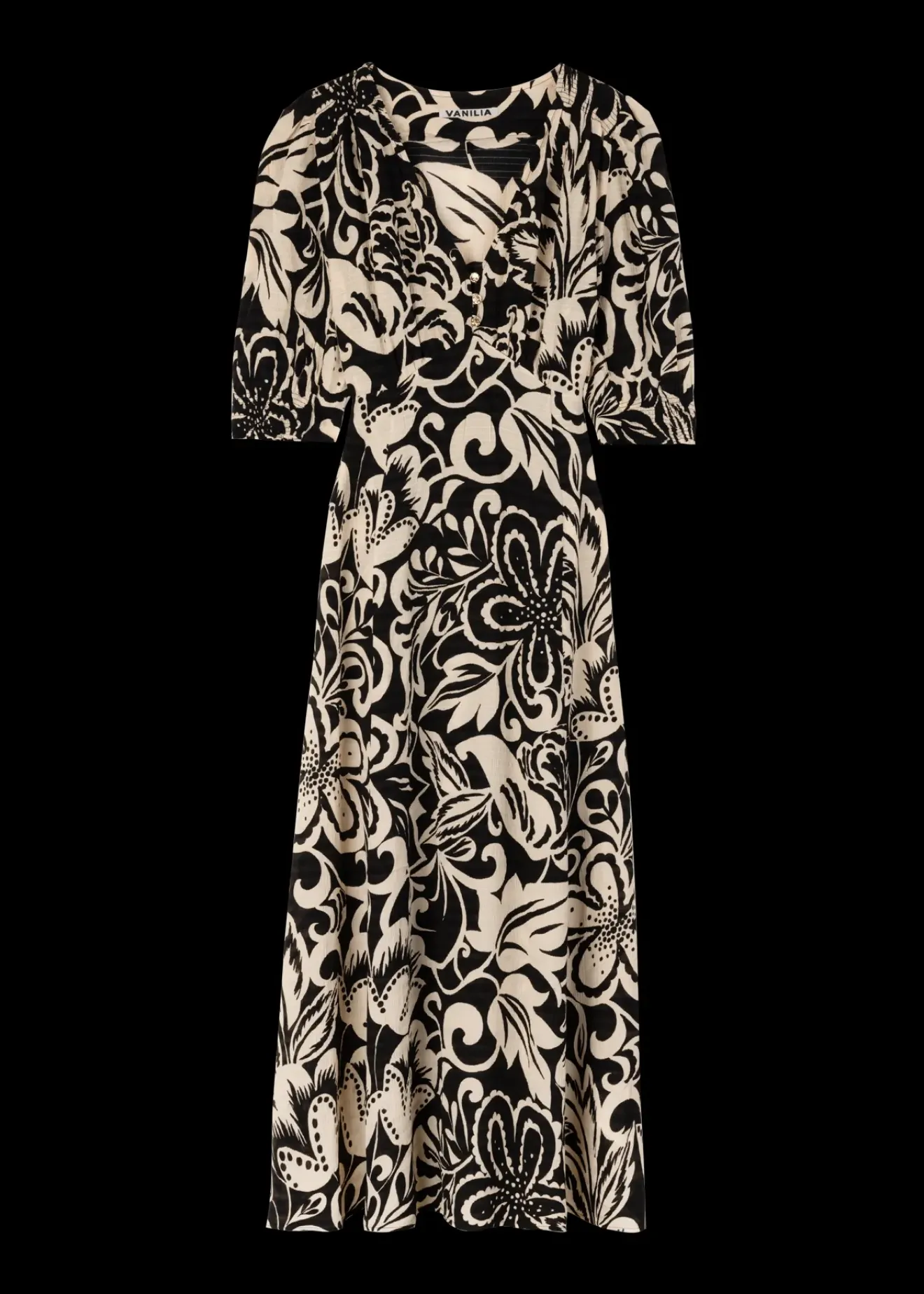 Vanilia Viscose Maxi Jurk Met Bloemenprint Antique Cotton/Black Clearance