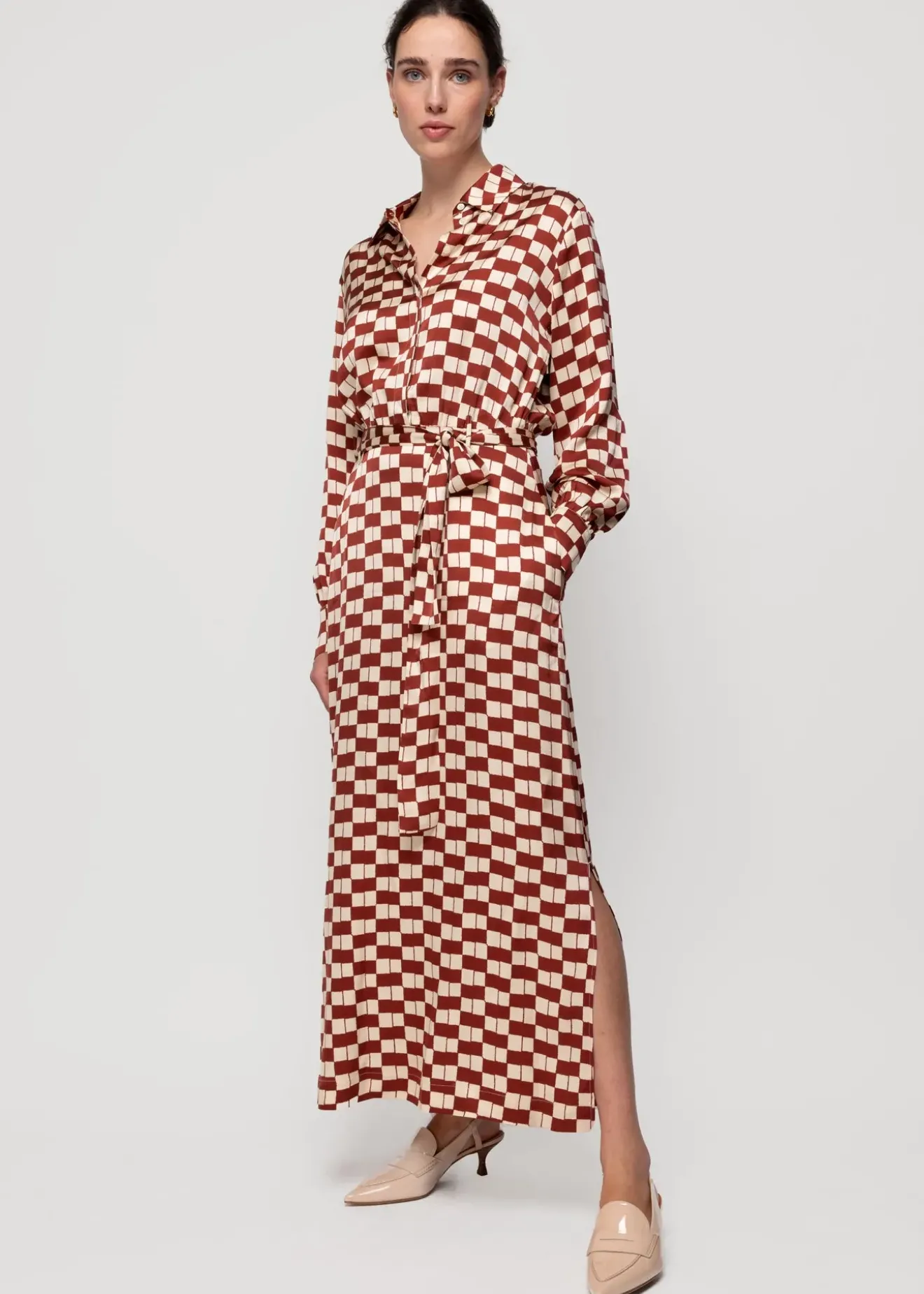 Vanilia Viscose Midi Jurk Met Blok Print Henna / Ecru Discount