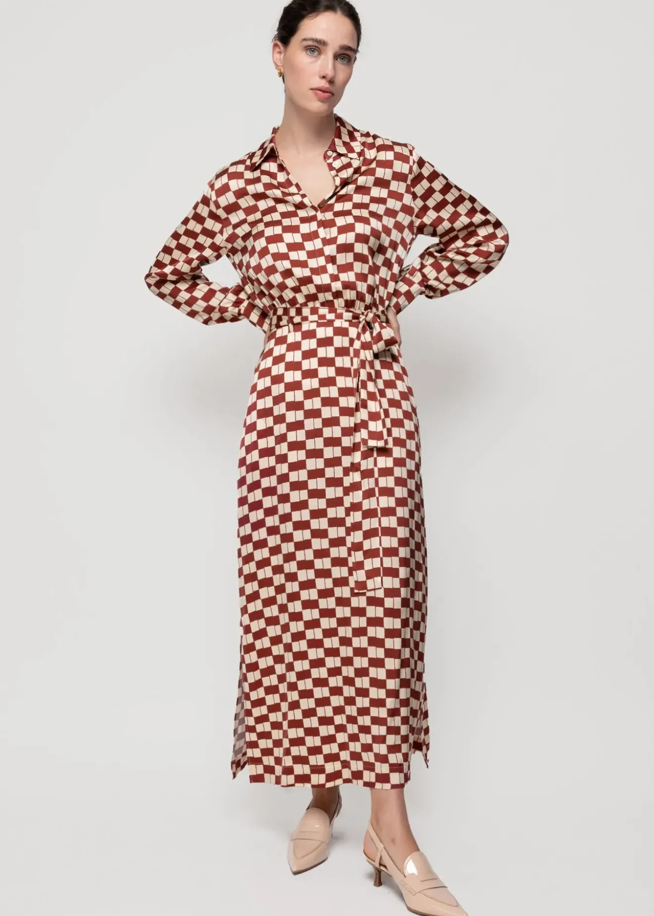 Vanilia Viscose Midi Jurk Met Blok Print Henna / Ecru Discount