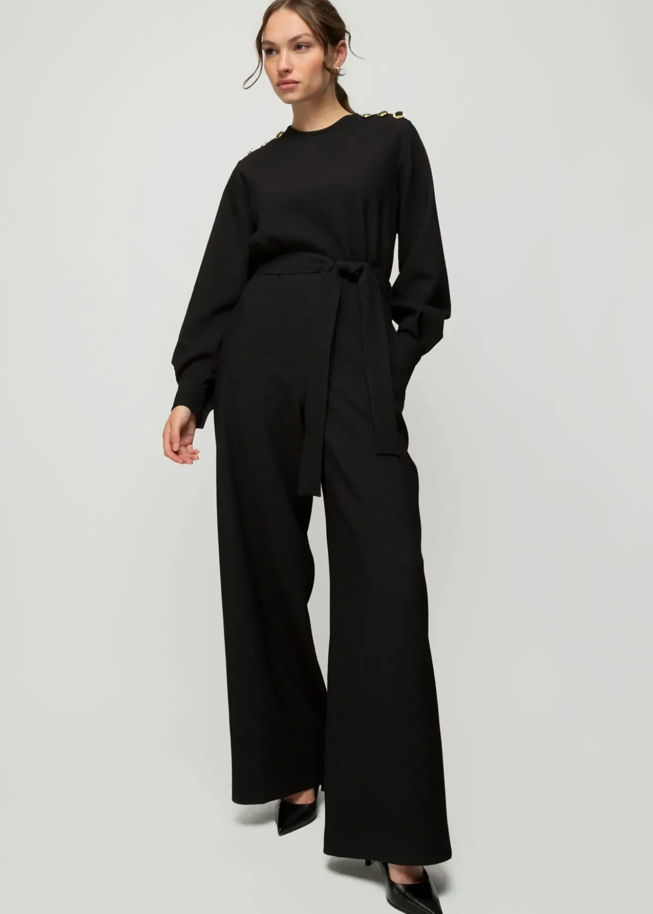 Vanilia Wafel Structuur Jumpsuit Zwart Clearance