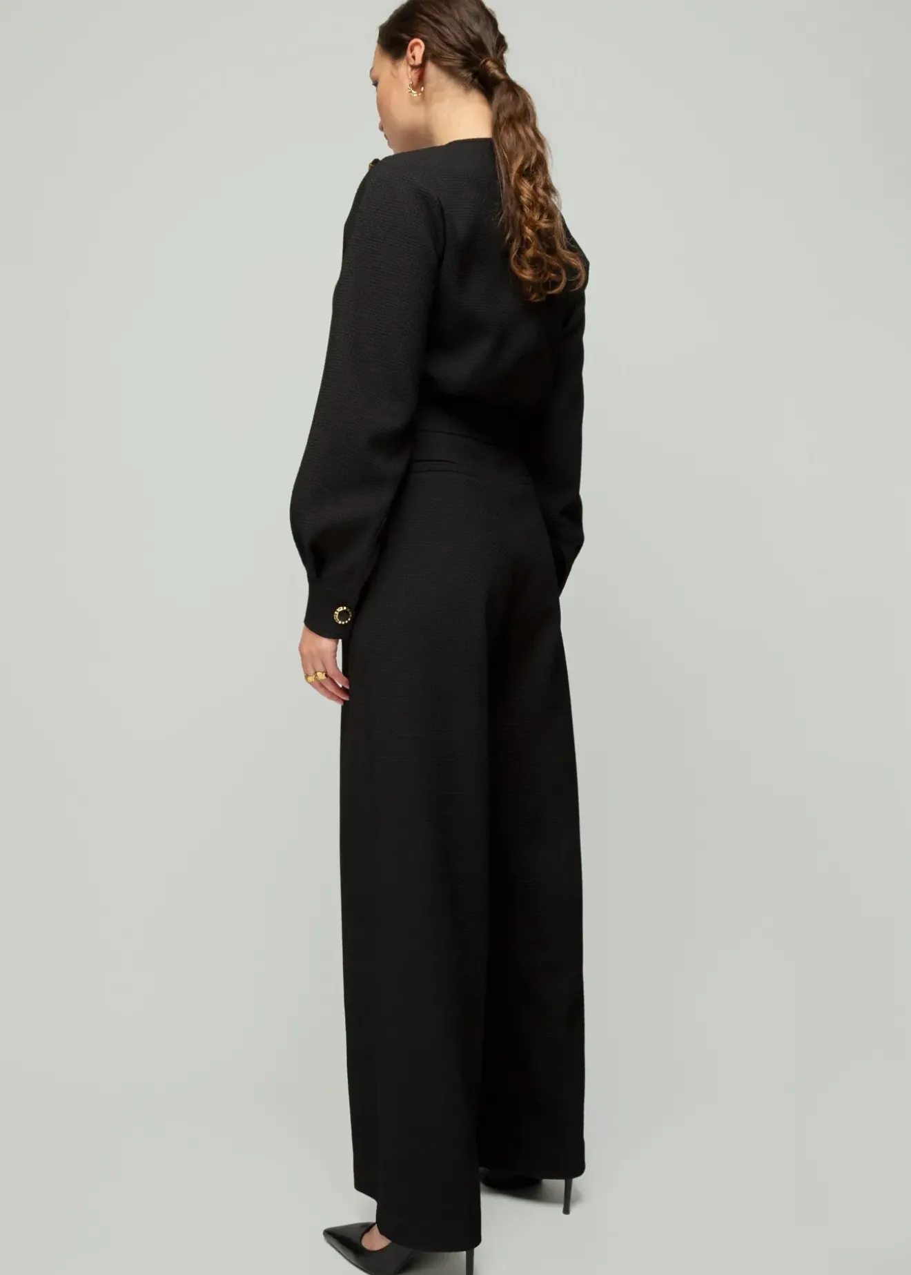 Vanilia Wafel Structuur Jumpsuit Zwart Clearance