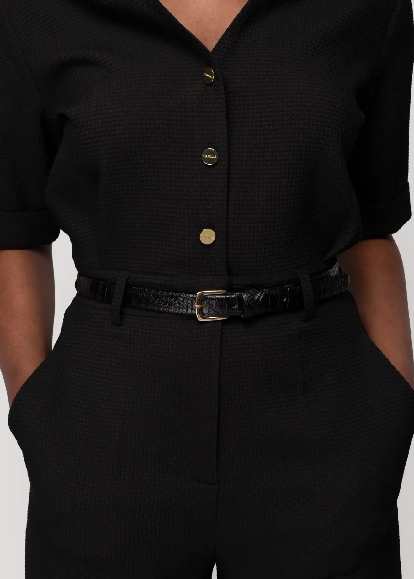 Vanilia Wafelstructuur Jumpsuit Zwart Clearance