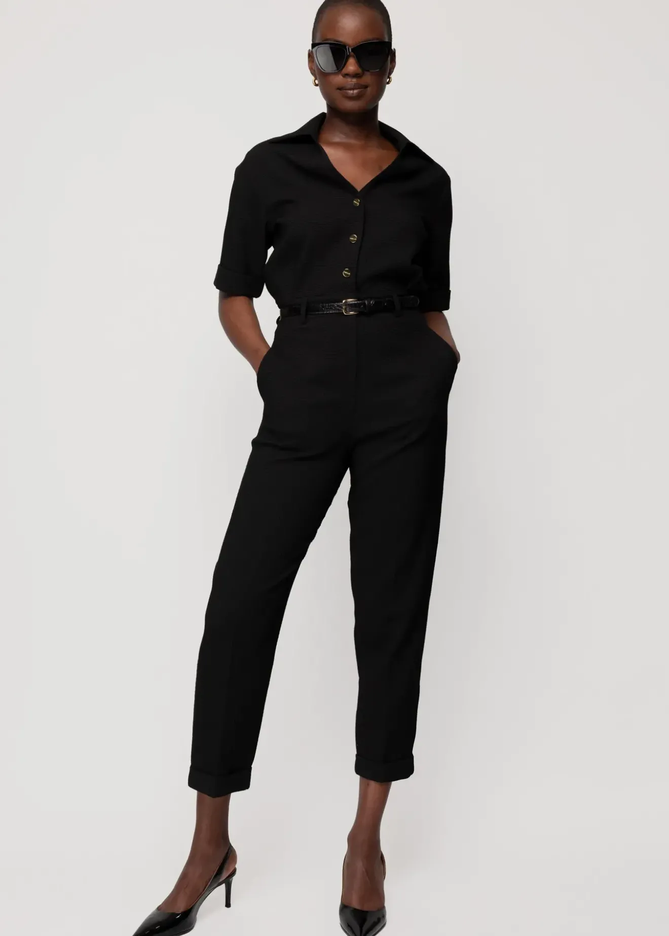 Vanilia Wafelstructuur Jumpsuit Zwart Clearance